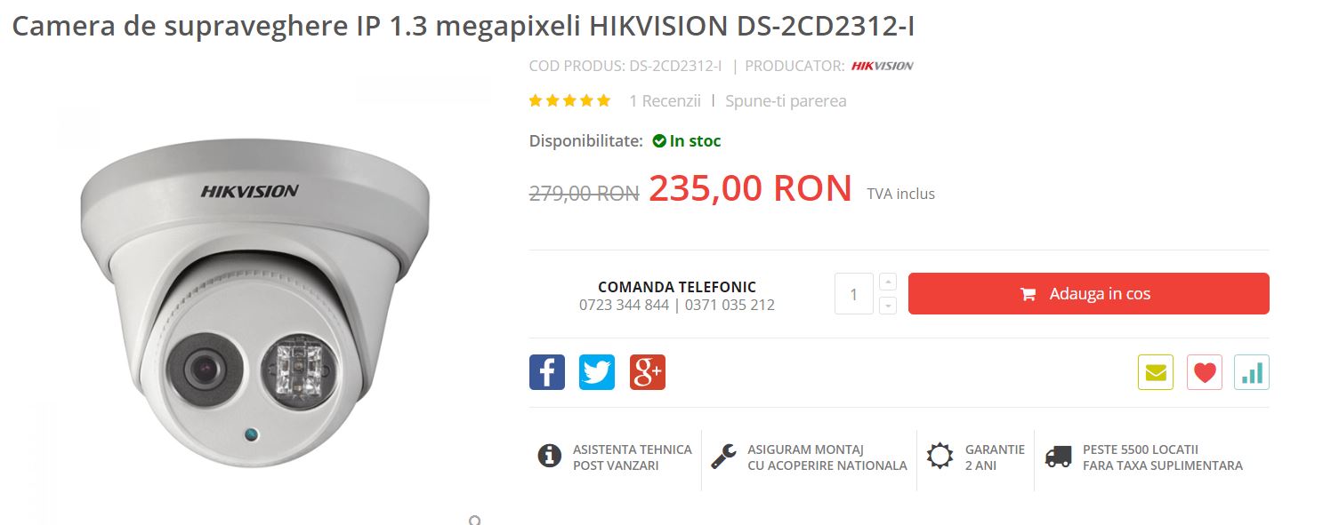 Camera de supraveghere IP 1.3 megapixeli HIKVISION DS-2CD2312-I