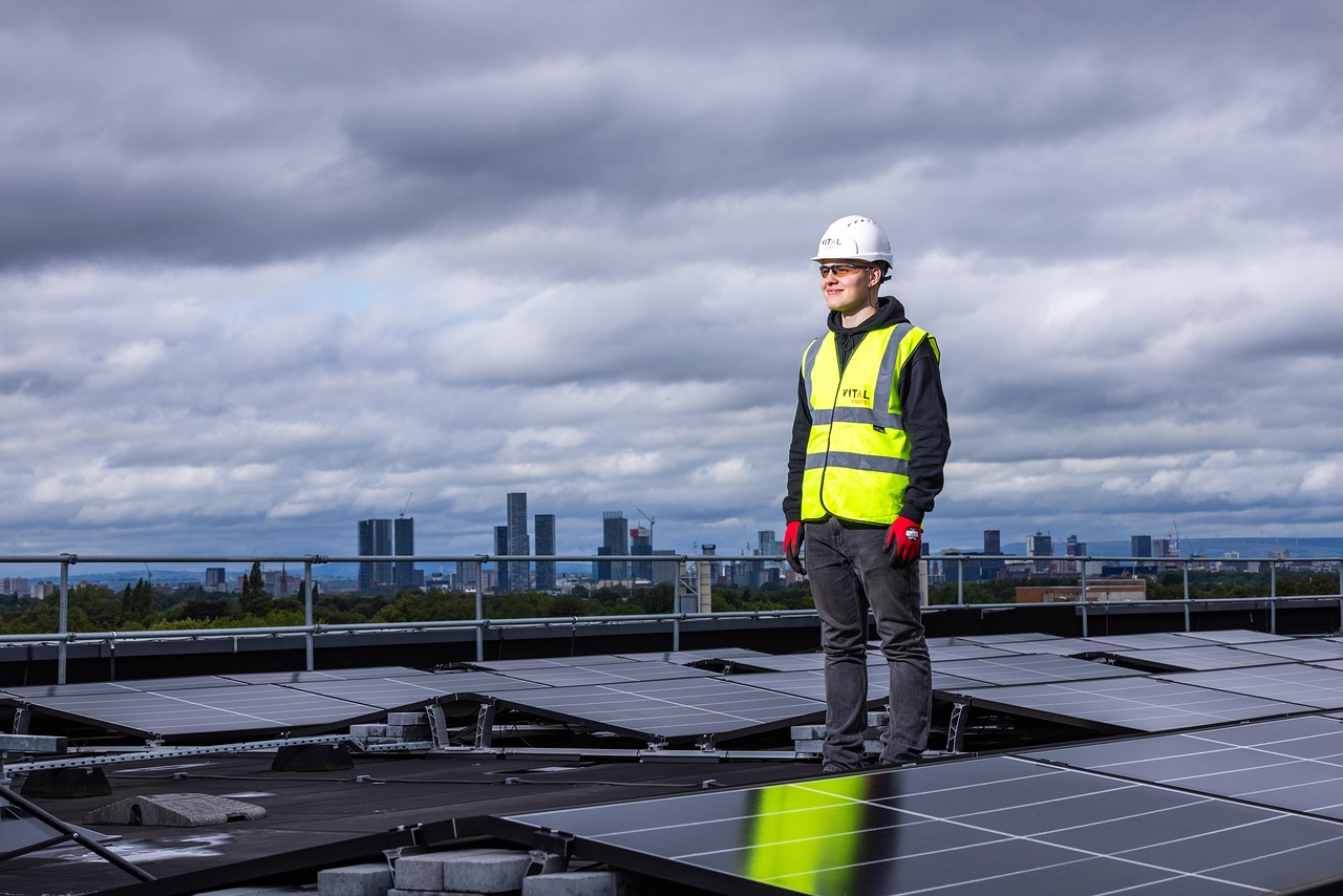 Panouri fotovoltaice pe un acoperiș, cu un pom înflorit în fundal